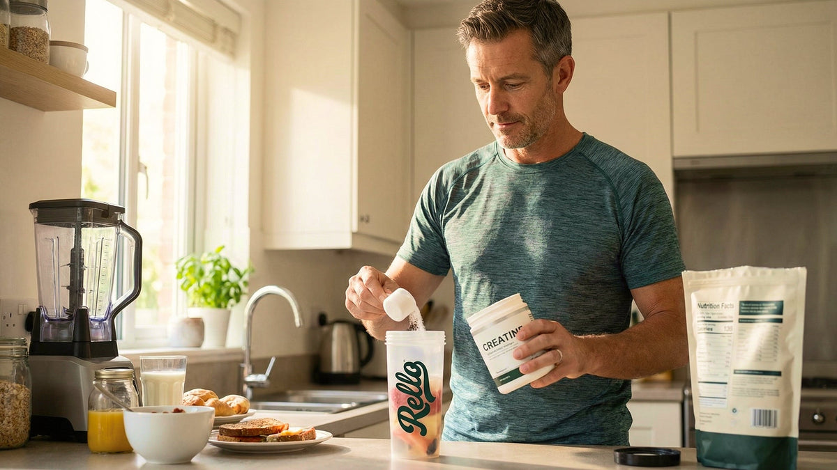 Middle-aged man in a green shirt pouring creatine powder from a tub into a Rello shaker in a sunlit kitchen
