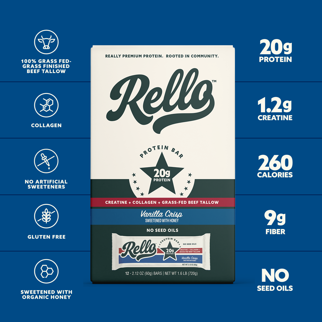 Front of Rello Vanilla Crisp protein bar box showing 20g protein, 1.2g creatine, 260 calories and No seed oils on blue background