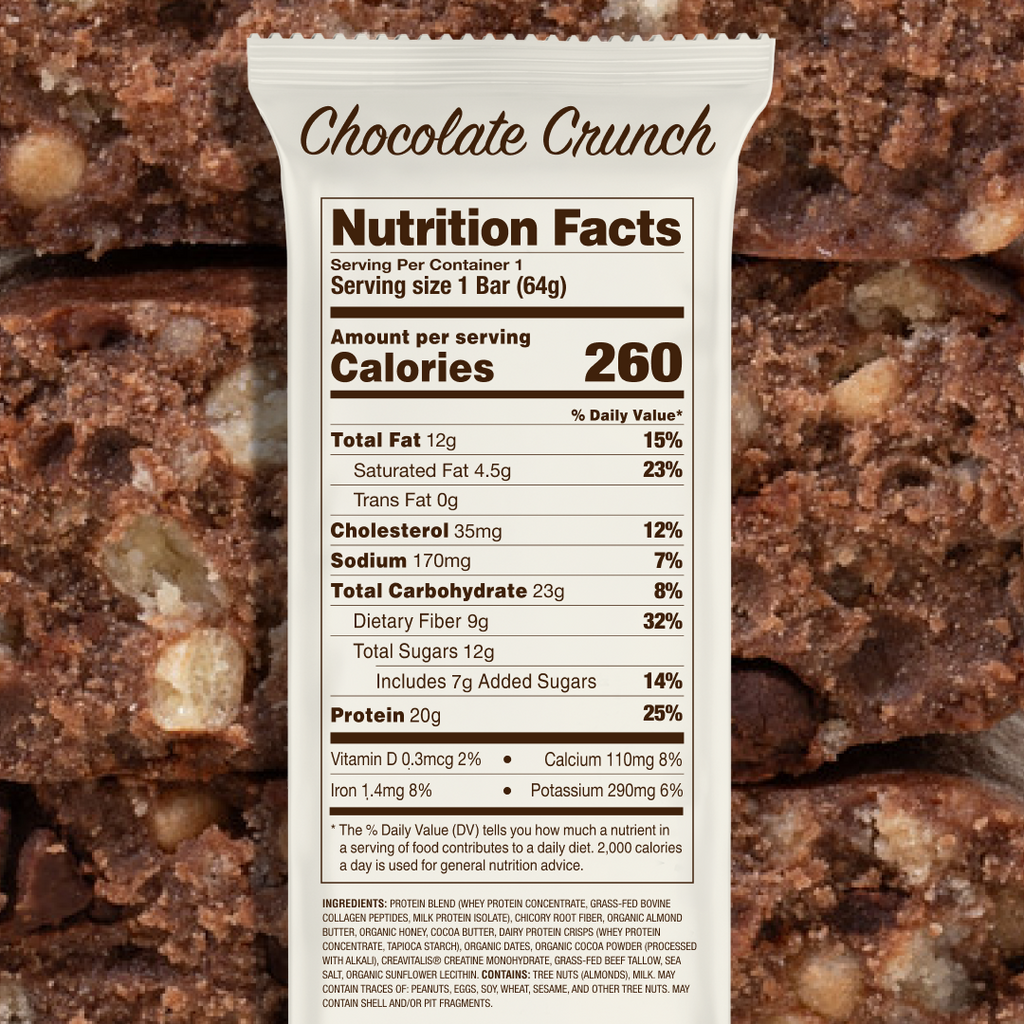 Nutrition facts label for Chocolate Crunch bar showing serving size 1 bar 64 g, 260 calories, 20 g protein, 9 g fiber, 12 g total sugars (7 g added)
