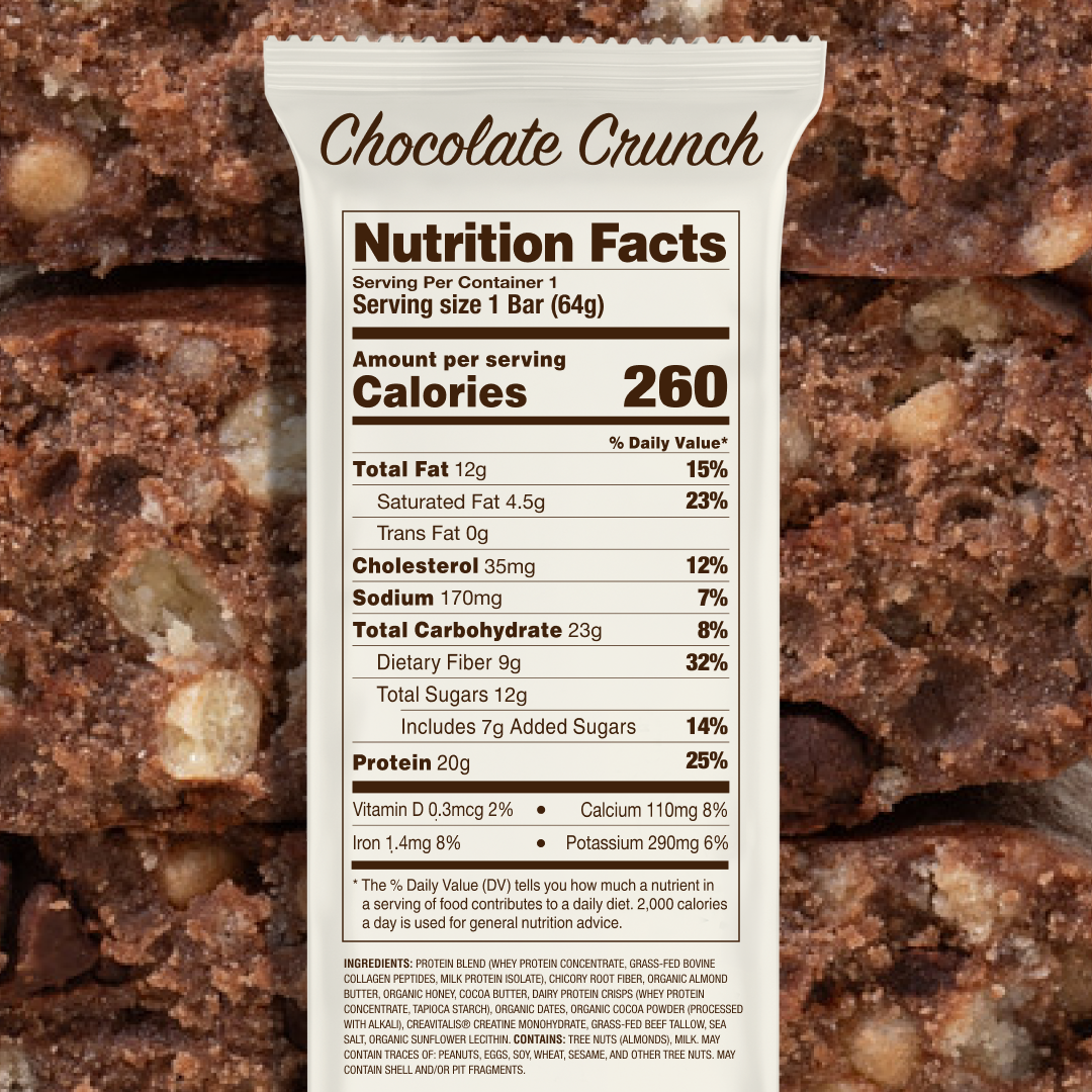 Nutrition facts label for Chocolate Crunch bar showing serving size 1 bar 64 g, 260 calories, 20 g protein, 9 g fiber, 12 g total sugars (7 g added)