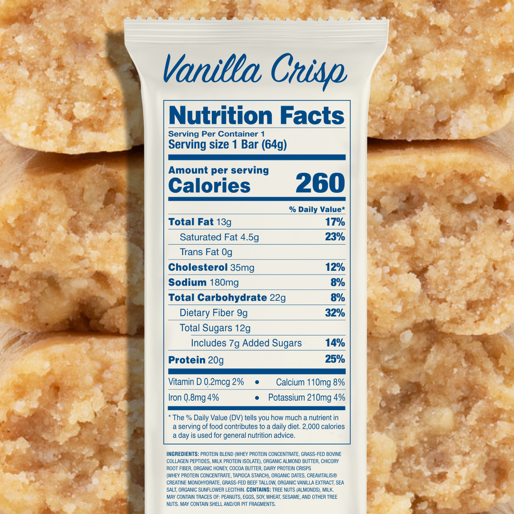 Nutrition facts label showing serving size 1 bar (64g), 260 calories, 20g protein, 9g fiber, 7g added sugars
