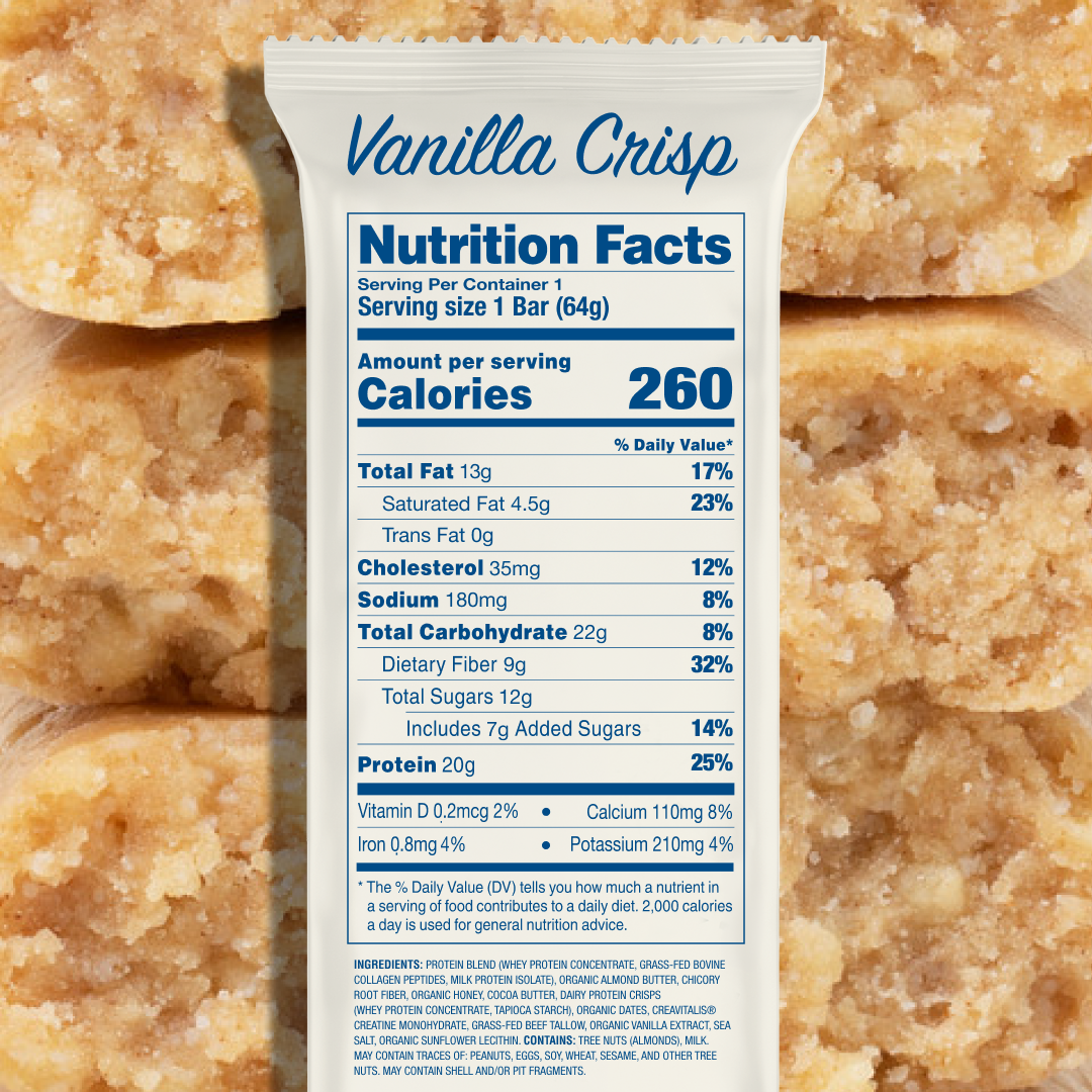 Nutrition facts label showing serving size 1 bar (64g), 260 calories, 20g protein, 9g fiber, 7g added sugars