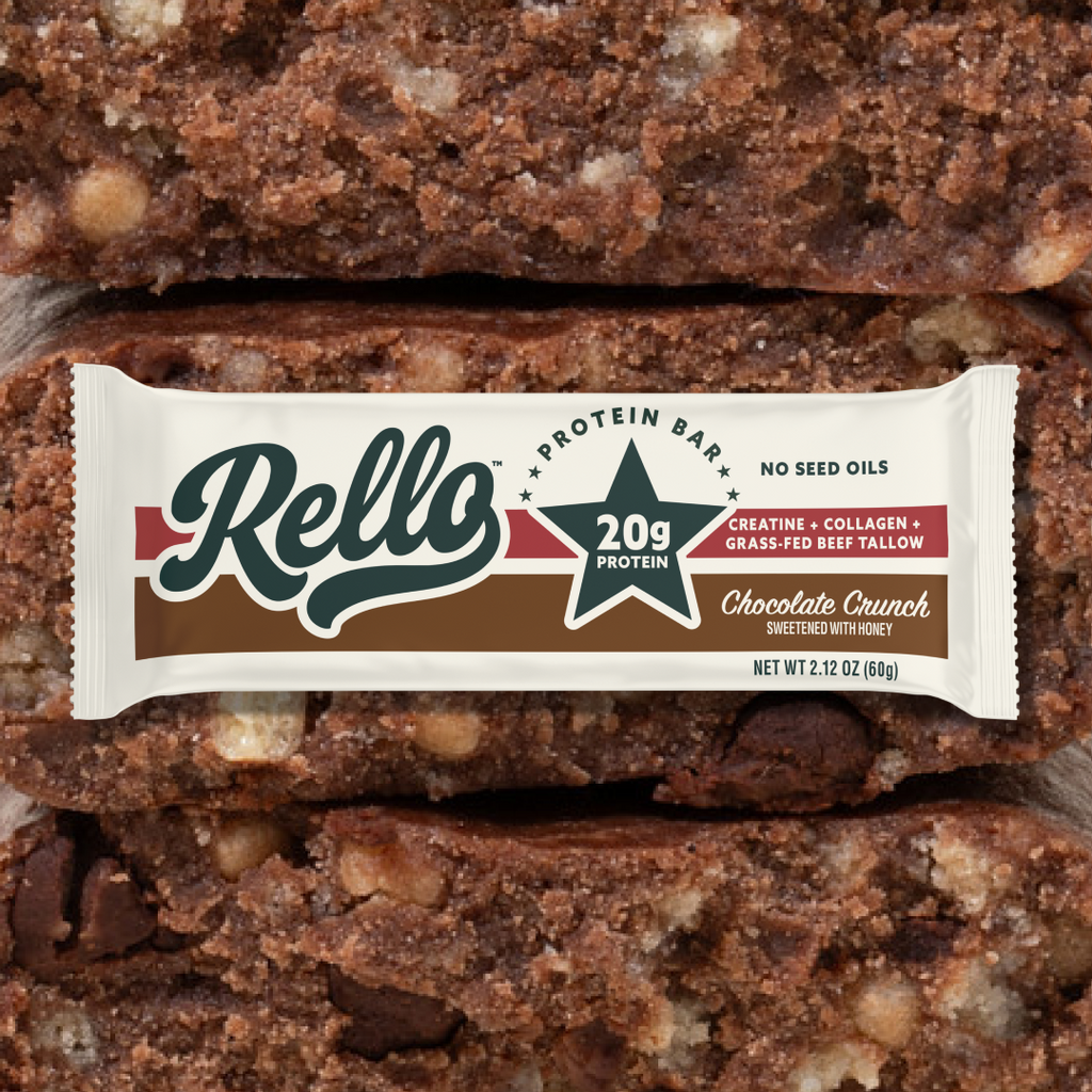 Front view of Rello Chocolate Crunch protein bar wrapper showing 20g protein star, no seed oils label, and net wt 2.12 oz on chocolate background