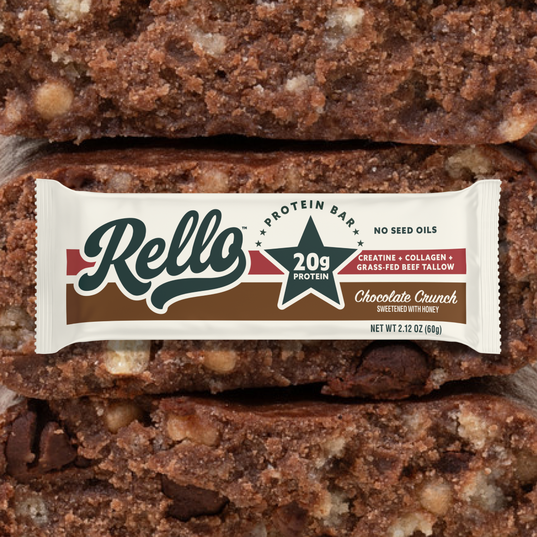 Front view of Rello Chocolate Crunch protein bar wrapper showing 20g protein star, no seed oils label, and net wt 2.12 oz on chocolate background