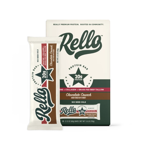 Front view of Rello Chocolate Chunk protein bars 12-pack box showing 20g protein with one wrapped bar on white background