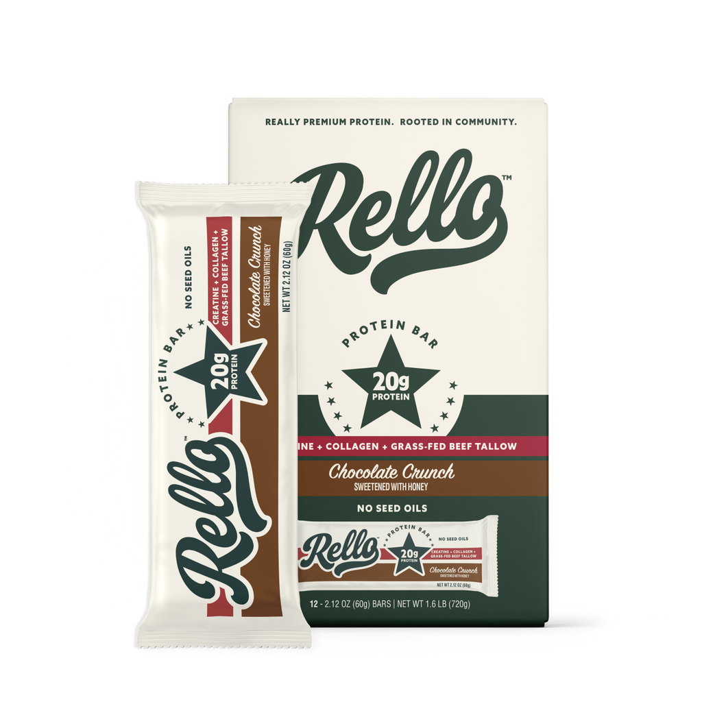 Front view of Rello Chocolate Crunch protein bar and box showing 20g protein, sweetened with honey, no seed oils