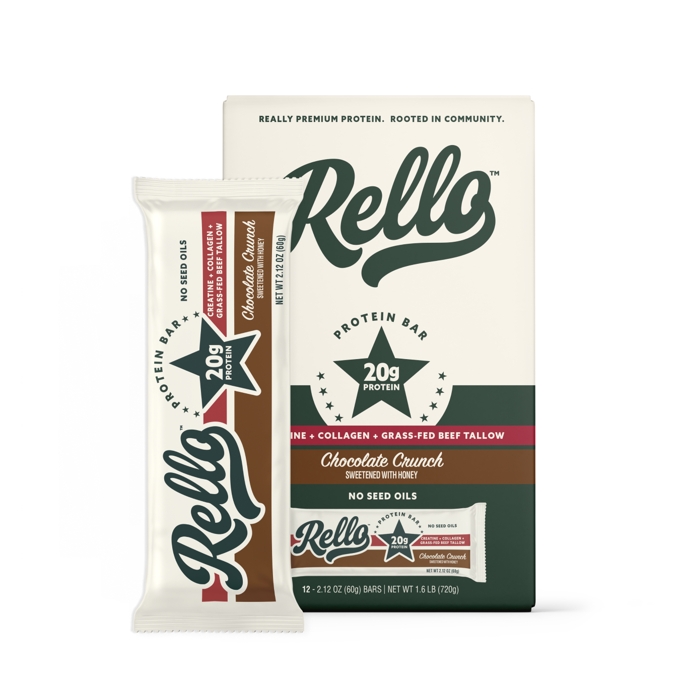 Front view of Rello Chocolate Crunch protein bar and box showing 20g protein, sweetened with honey, no seed oils