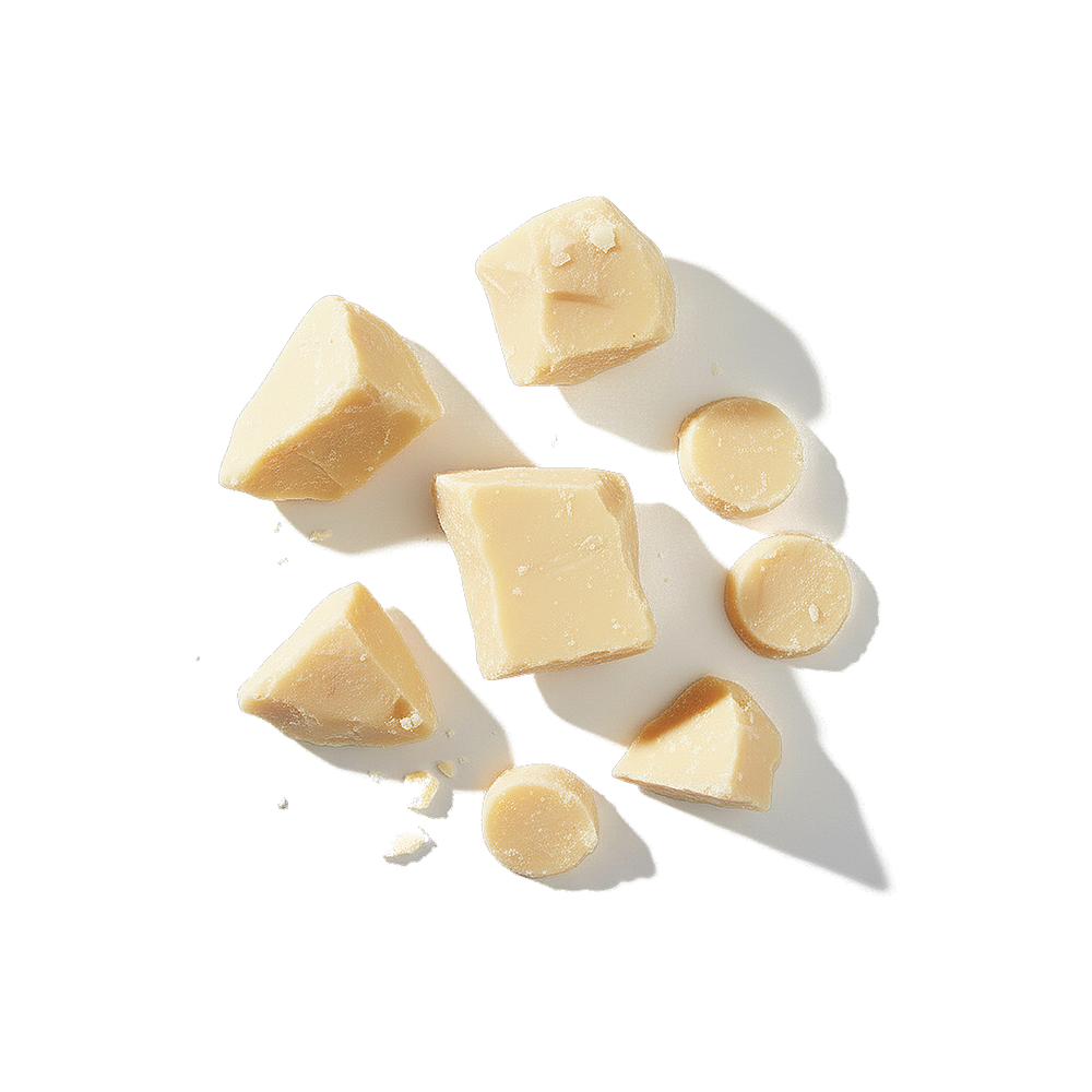 Top-down view of cocoa butter chunks and discs showcasing creamy solid texture with white background