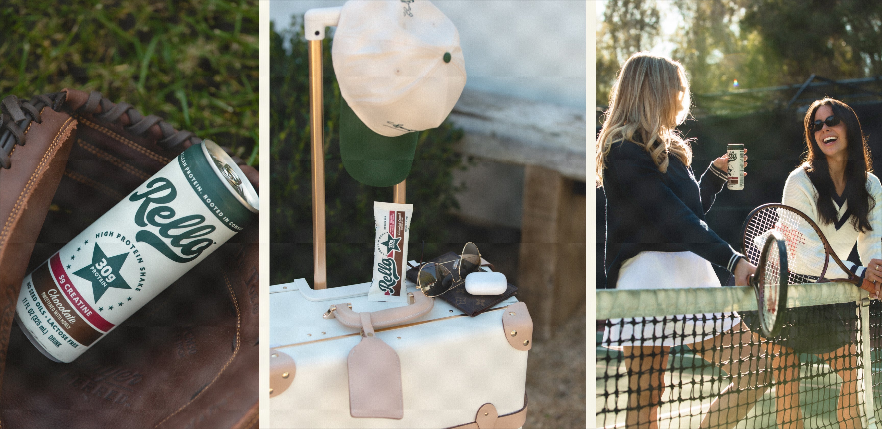 Three-panel lifestyle: Rello can in glove, Rello bar on suitcase, two friends laughing with Rello drinks on tennis court