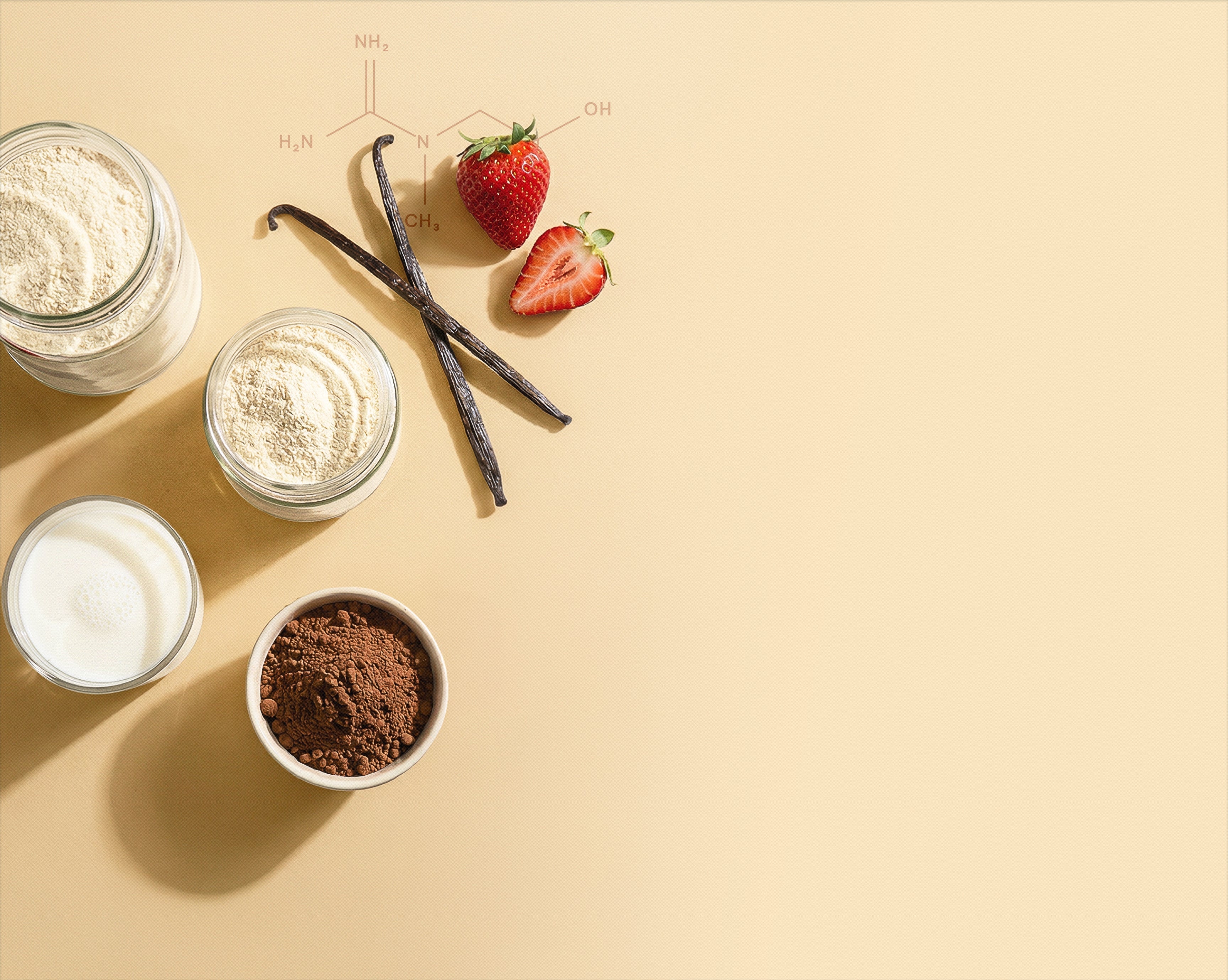 Protein shake ingredients on beige background: jars of powder, cocoa bowl, glass of milk, vanilla beans, strawberries