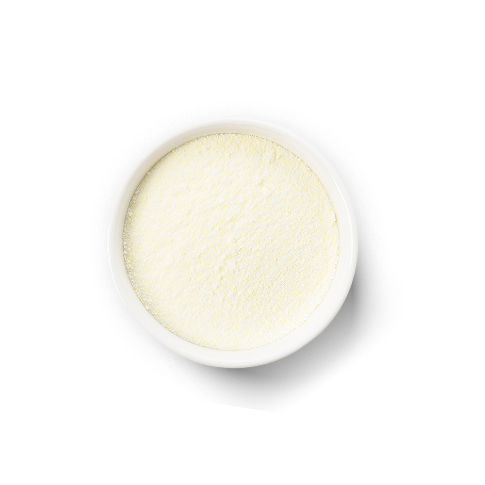 Top-down view of ultra filtered skim milk powder in a white bowl on black background