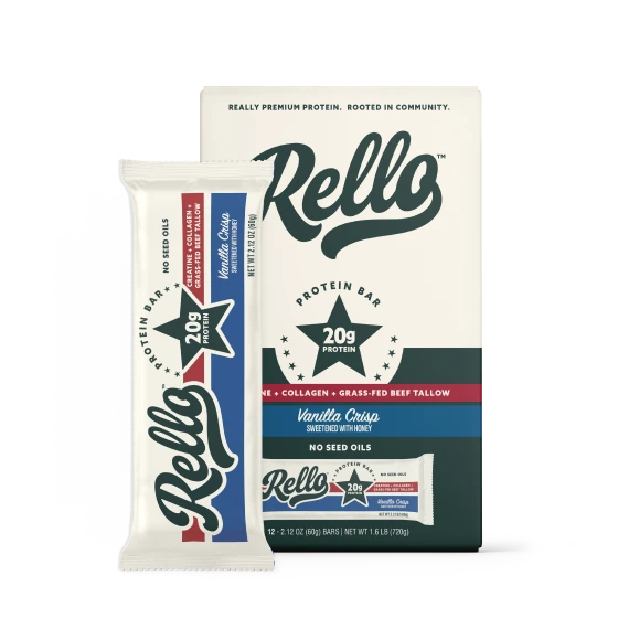 Front view of Rello Vanilla Crisp protein bar box and single wrapped bar showing 20g protein label on white background