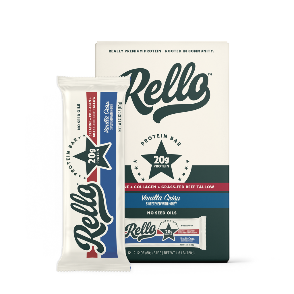Front view of Rello Vanilla Crisp protein bar box and single bar showing 20g protein star and vanilla crisp flavor