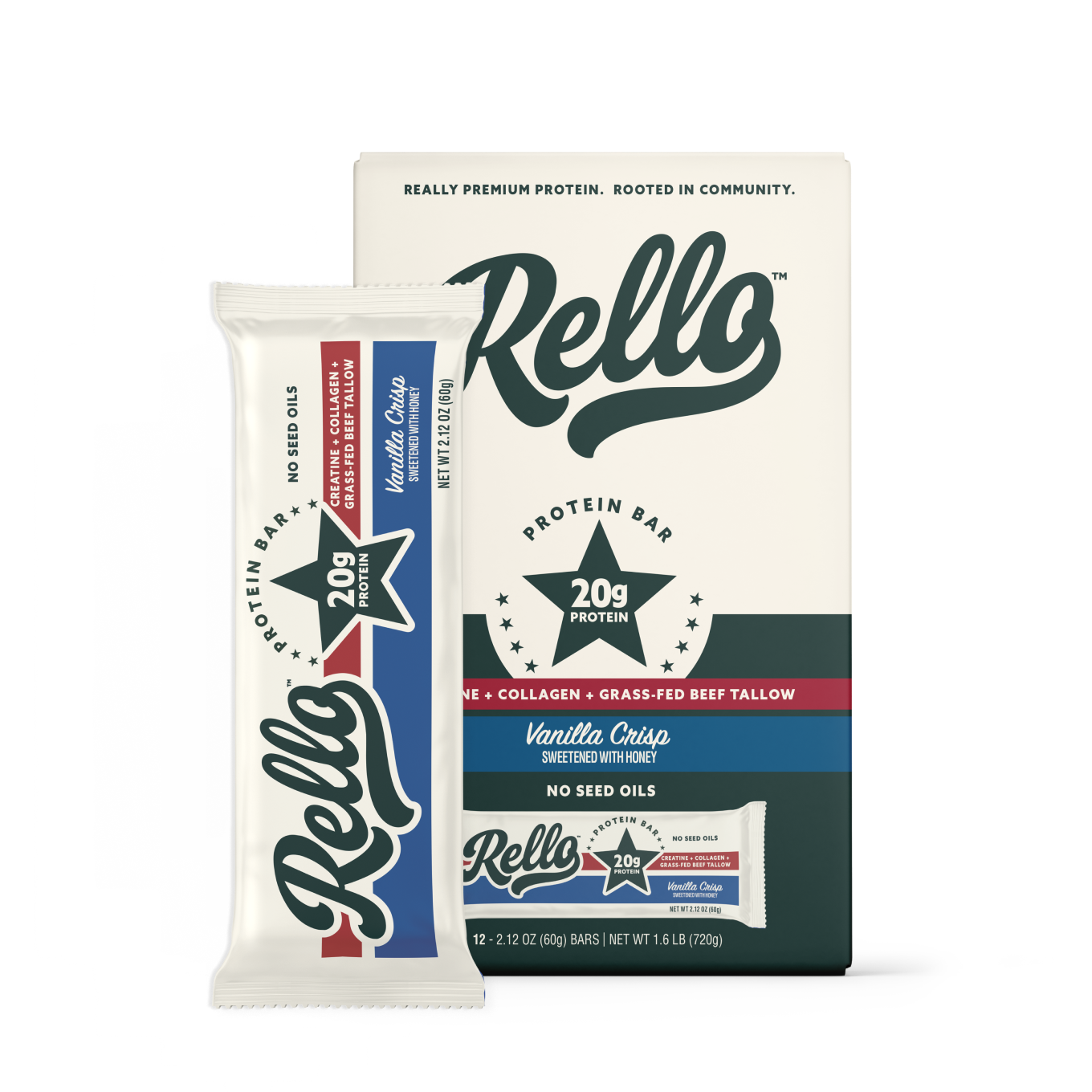 Front view of Rello Vanilla Crisp protein bar box and single bar showing 20g protein star and vanilla crisp flavor